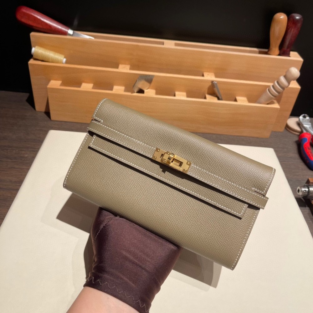 Hermès Kelly Wallet Long Veau Epson 18/Étoupe Grey (Étoupe) Etoupe Gold Hardware wallet-005 Fully Hand-Stitched